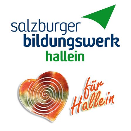 Logo des Salzburger Bildungswerk Hallein auf weißem Hintergrund mit einem farbenfrohen Spiralherzdesign und dem Text 'für Hallein'.