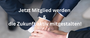 Geschäftsleute vereinen sich in einem Kreis mit ineinander verschlungenen Händen und fordern die Betrachter auf, sich anzuschließen und die Zukunft aktiv mitzugestalten. Kontaktdaten sind unten angegeben.