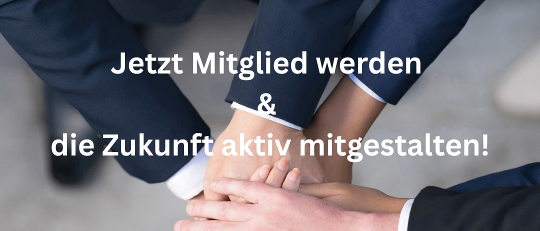 Geschäftsleute vereinen sich in einem Kreis mit ineinander verschlungenen Händen und fordern die Betrachter auf, sich anzuschließen und die Zukunft aktiv mitzugestalten. Kontaktdaten sind unten angegeben.