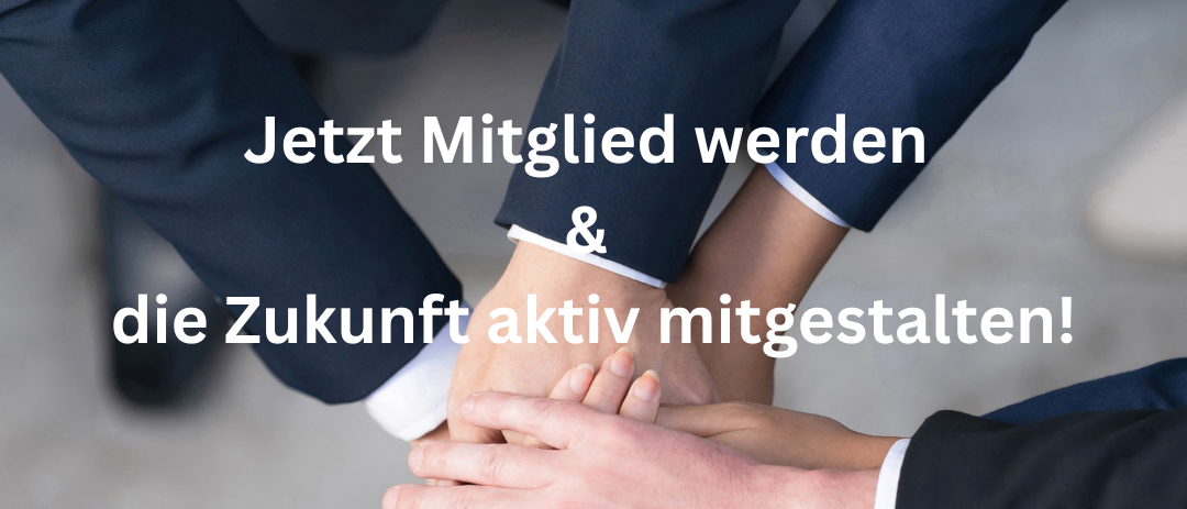 Geschäftsleute vereinen sich in einem Kreis mit ineinander verschlungenen Händen und fordern die Betrachter auf, sich anzuschließen und die Zukunft aktiv mitzugestalten. Kontaktdaten sind unten angegeben.