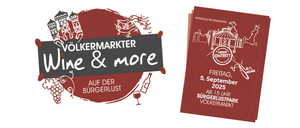 Ein Veranstaltungsplakat für 'Wein & mehr' im Volksmarkt, geplant für den 5. September 2025, Beginn um 15 Uhr. Das Plakat zeigt einen roten Hintergrund, eine Weinflasche und Trauben.