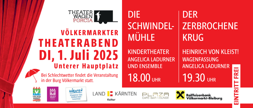 Theaterabend am 1. Juli 2025. Die Schwindelmühle von Angelica Ladurner. 18:00. Der zerbrochene Krug von Heinrich von Kleist. 19:30. Eintritt frei.