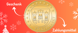 Ein roter Plakat bewirbt 'Volksmarkt Zehner' mit einer goldenen Münze mit Burgendesign. Schneeflocken und Weihnachtsbäume umgeben die Münze. Das Plakat zeigt auch einen Schlitten mit Rentieren und der Text lautet 'Einkaufen in Volkermarkt. Meine Stadt' und 'Ausgabenstellen in Volkermarkt.'