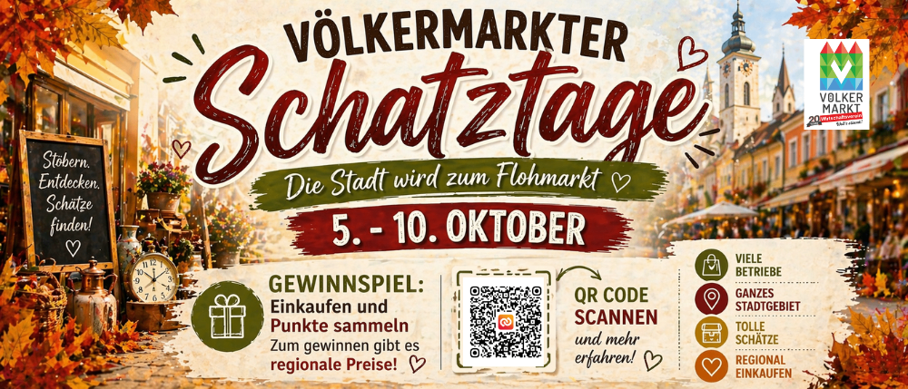 Plakat für die Volkmarkt Schatztage, eine Stadtveranstaltung vom 5. bis 10. Oktober. Es ermutigt zum Einkaufen und Sammeln von Punkten für Preise.