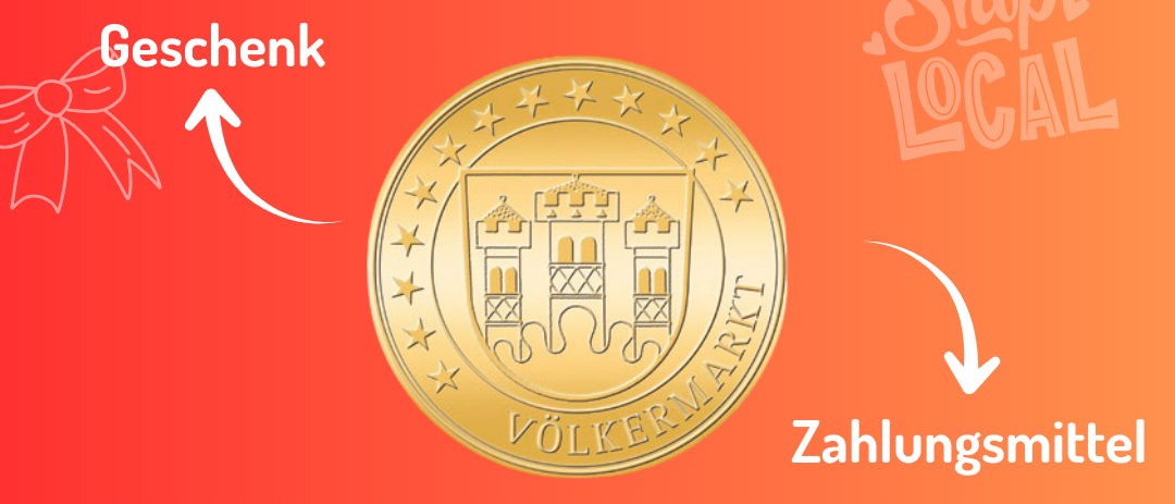 Plakat, das eine Goldmünze mit 'Völkermarkt Zehner' und 'Shop Local' bewirbt. Es zeigt eine goldene Münze mit dem Wort 'Völkermarkt'. Das Plakat hat auch ein Geschenksymbol und Text, der 'Einkaufen in Völkermarkt. Meine Stadt.' lautet.