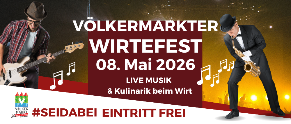 Plakat für das Volkermarkter Wirtefest, mit Musikern und Musiknoten, für den 8. Mai 2026, mit freiem Eintritt.