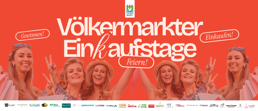 Plakat für Volkmarkter Einkaufstage, mit vier Frauen in Strohhüten und Einkaufstaschen, die lächeln und Friedenszeichen machen.