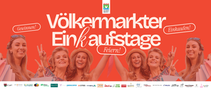 Plakat für Volkmarkter Einkaufstage, mit vier Frauen in Strohhüten und Einkaufstaschen, die lächeln und Friedenszeichen machen.