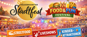 Stadtfest mit Streetfood, Liveshows und Attraktionen für alle Altersgruppen. Eine Menge genießt das Fest unter bunten Lichtern.