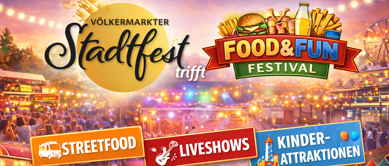 Stadtfest mit Streetfood, Liveshows und Attraktionen für alle Altersgruppen. Eine Menge genießt das Fest unter bunten Lichtern.