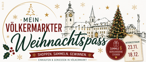 Werbeposter für 'Mein Volkmarkt Weihnachtspass' mit einer geschmückten Weihnachtsbaum, einem Uhrturm und Schneeflocken. Das Poster ermutigt zum Einkaufen, Sammeln und Gewinnen.