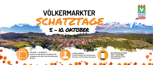 Plakat für die Volksmarkt Schatztage-Veranstaltung mit einem malerischen Stadtblick, Bergen, Herbstblättern und blauem Himmel. Das Plakat zeigt die Veranstaltungstermine vom 5. bis 10. Oktober und ermutigt zur Teilnahme durch verschiedene Aktivitäten.