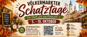 Werbeplakat für Volkmarkter Schatztage, ein Flohmarkt-Event vom 5. bis 10. Oktober. Es zeigt einen QR-Code zum Scannen, eine Uhr und einen QR-Code für lokale Geschäfte.