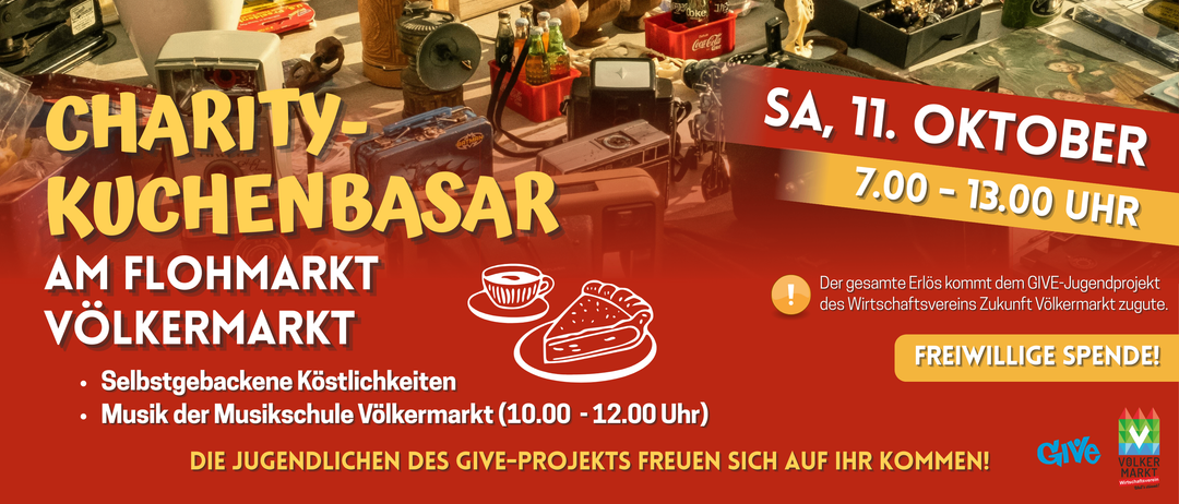 Ein Plakat für eine Marktveranstaltung mit Gegenständen wie einer alten Tasche, Coca-Cola-Flaschen und einer Laterne. Es zeigt die Veranstaltungszeit von 10:00-12:00 und erwähnt eine Torte und einen Kaffeebecher.
