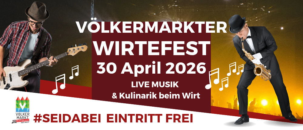 Plakat für Volkermarkter Wirtefest, Live-Musik und Kulinarik am 30. April 2026. Eintritt frei.
