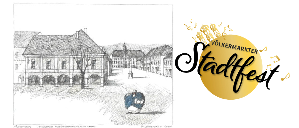 Eine Schwarz-Weiß-Zeichnung einer Person mit Hut und langem Kleid, die auf einer Straße geht. Im Hintergrund befindet sich ein Gebäude mit Bogenfenstern und einem Glockenturm.