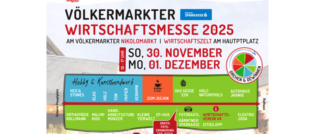 Plakat für eine Handelsmesse auf dem Volkermarkt, mit Veranstaltungen, Attraktionen und Händlern. Termine sind 30. November und 1. Dezember, von 10 Uhr bis 17 Uhr. Höhepunkte sind Hobby und Kunsthandwerk, Essensstände und ein Fotowettbewerb.
