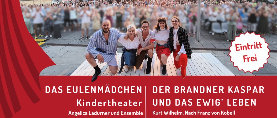 Plakat für ein Theaterevent am 6. Juli 2026 auf dem Hauptplatz. Zeigt zwei Stücke mit Besetzung und Zeiten. Eintritt frei.
