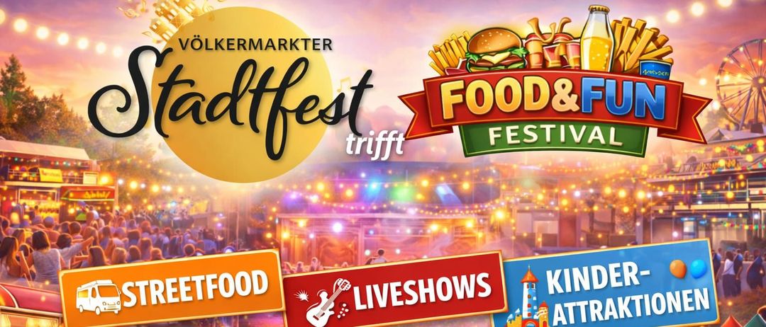 Ein Werbeplakat für ein Festival mit Streetfood, Live-Shows und Attraktionen für Kinder, das eine Menschenmenge bei Nacht zeigt.