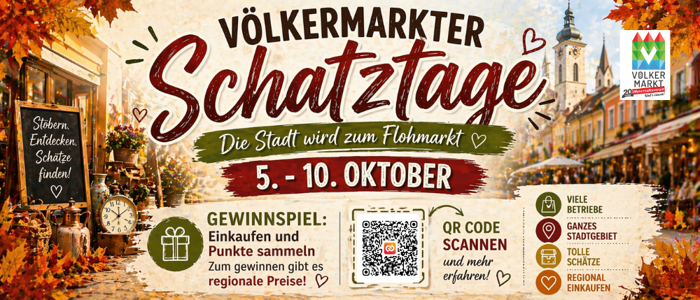 Werbeposter für die Volksmarkt-Schatzsuche. Sammeln Sie Punkte für Einkäufe. Scannen Sie den QR-Code, um mehr zu erfahren. Die Veranstaltung läuft vom 5. bis 10. Oktober.