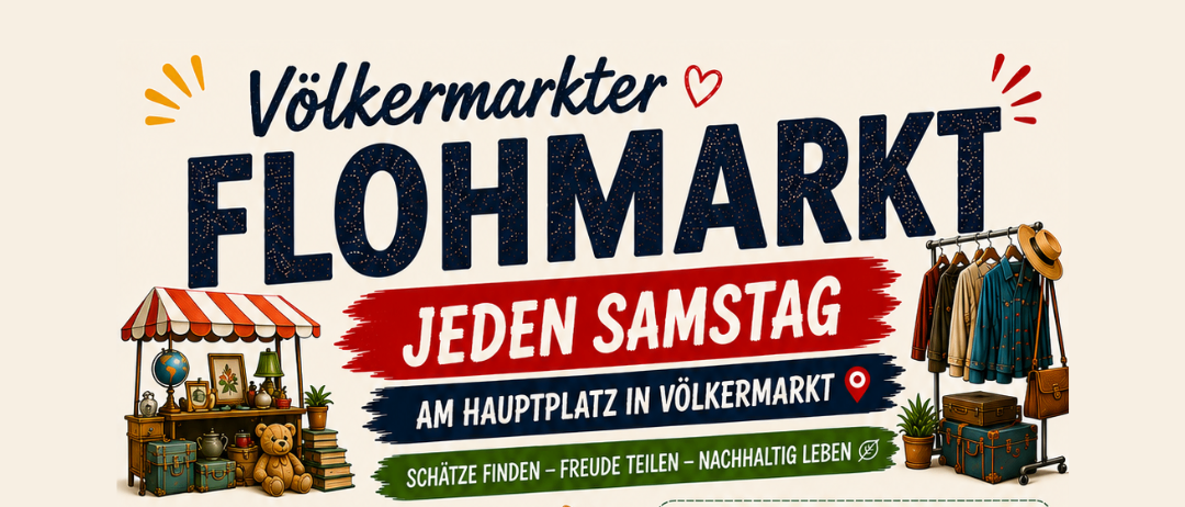 Flohmarkt jeden Samstag am Hauptplatz im Volksmarkt. Stände bis 5 Meter für 5 Euro. Zentrale Lage am Hauptplatz. Viele Besucher und familiäre Atmosphäre. Einfach anmelden und abholen. Kinderflohmarkt ist kostenlos. Kinder dürfen ihre eigenen Spielzeuge und Kinderartikel verkaufen. Tische müssen vom Verkäufer selbst mitgebracht werden. Keine Gebühren, Kinder können ihre eigenen Sachen verkaufen. Gastronomiebereich am Hauptplatz.