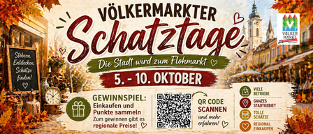 Werbeplakat für die 'Völkermarkter Schatztage' vom 5. bis 10. Oktober mit QR-Code zum Scannen, Geschäften und Stadtplatz.