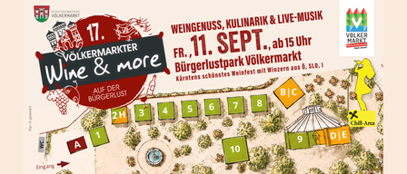 Ein Werbeplakat für ein Weinfest beim Burgerlust Volksmarkt mit einer Karte mit nummerierten Ständen, einem QR-Code und einer Liste von Weinproduzenten. Das Plakat enthält einen Zeitplan für Live-Musik und eine Liste kulinarischer Angebote.