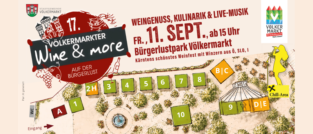 Ein Werbeplakat für ein Weinfest beim Burgerlust Volksmarkt mit einer Karte mit nummerierten Ständen, einem QR-Code und einer Liste von Weinproduzenten. Das Plakat enthält einen Zeitplan für Live-Musik und eine Liste kulinarischer Angebote.