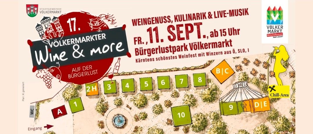 Ein Werbeplakat für die Wine & More-Veranstaltung am Volksmarkt mit einer Karte, Weinständen und Live-Musik-Zeitplan.