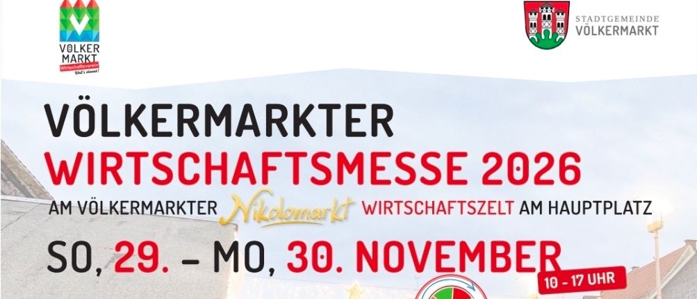 Plakat für die Wirtschaftsmesse 2026 am Volksmarkt mit Zeitplan, Aktivitäten und lokalen Unternehmen. Die Veranstaltung findet vom 29. bis 30. November von 10 bis 17 Uhr statt.