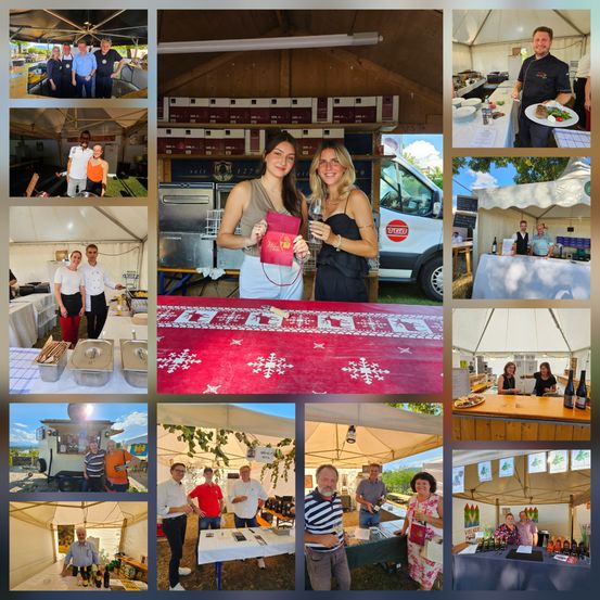 Ein Fotocollage zeigt verschiedene Menschen in einem Essenszelt. Einige Leute lächeln, andere sind mit Aktivitäten beschäftigt. Ein Tisch mit einer roten Tischdecke und einem weißen Design ist prominent.