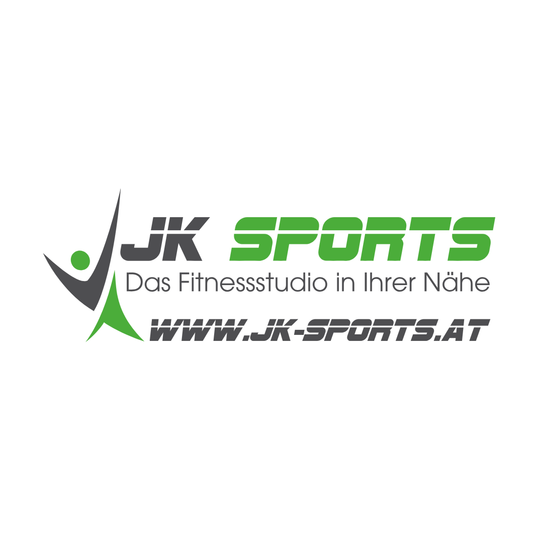 Logo für JK Sports, ein Fitnessstudio mit der Website www.jk-sports.at. Das Logo zeigt grüne und graue Farben mit einem Personensymbol.