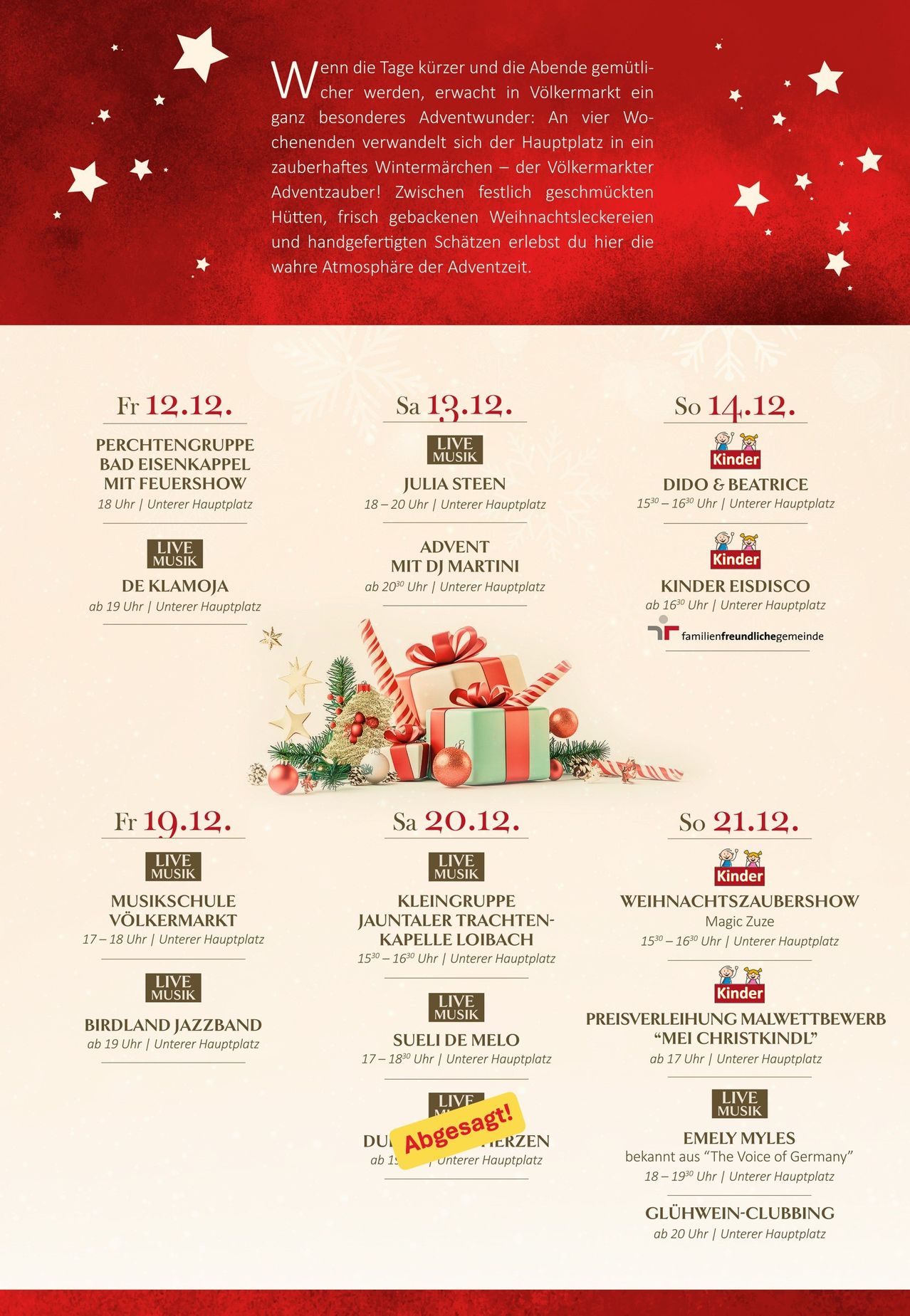 Ein Plakat für den Weihnachtsmarkt in Eisenkappel zeigt einen Zeitplan von Veranstaltungen vom 12. Dezember bis zum 21. Dezember, einschließlich Live-Musik, einem Markt, DJ-Auftritten und einer Zaubershow. Das Plakat enthält ein Geschenkbox-Bild und ist auf Deutsch.