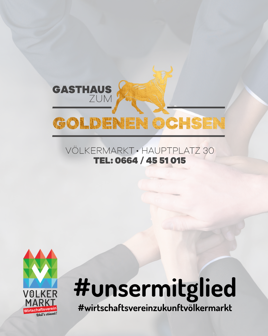 Gasthaus Zum Goldenen Ochsen befindet sich am Volkmarkt, Hauptplatz 30. Die Telefonnummer lautet 0664/45 51 015. Hashtag unsermittelglied.