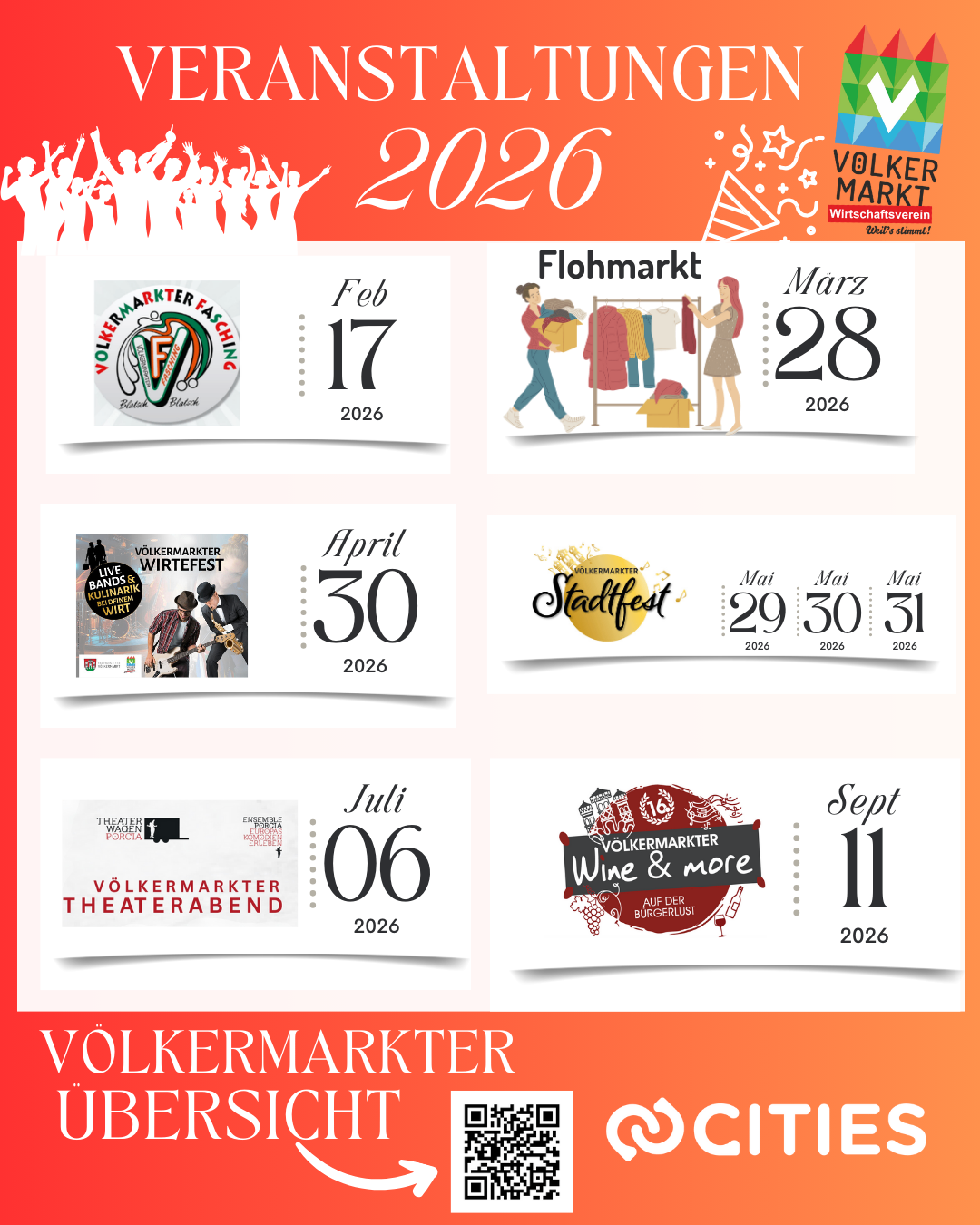 Eine Werbung für Veranstaltungen im Jahr 2026, einschließlich Flohmarkt, Musikfestival und Theaterabend. Die Termine reichen von 17. Februar bis 11. September.