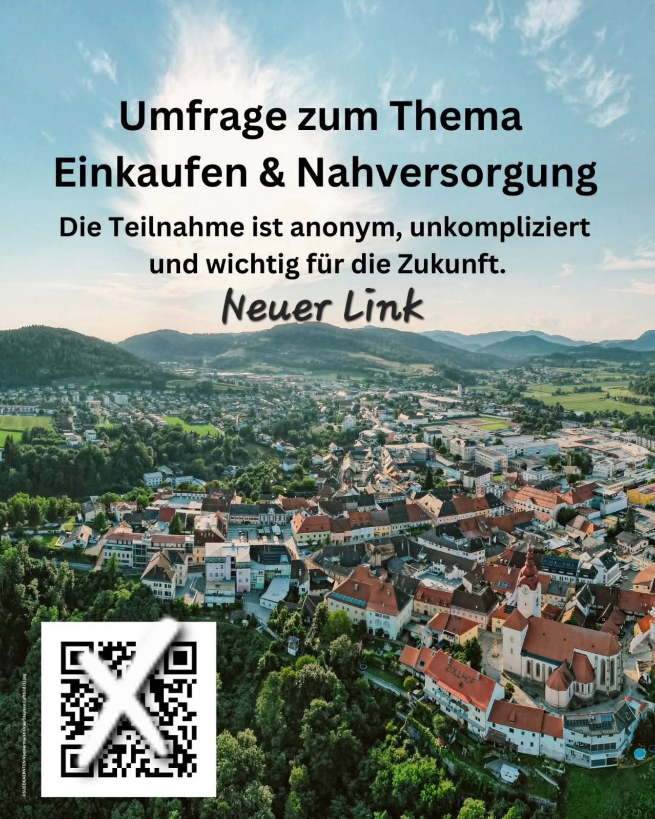 Ein Luftbild einer Stadt mit vielen Gebäuden und Bäumen. Es hat einen QR-Code auf der linken Seite. Es geht um Einkaufen und Lebensmittelversorgung. Die Teilnahme ist anonym, unkompliziert und wichtig für die Zukunft. Neuer Link.