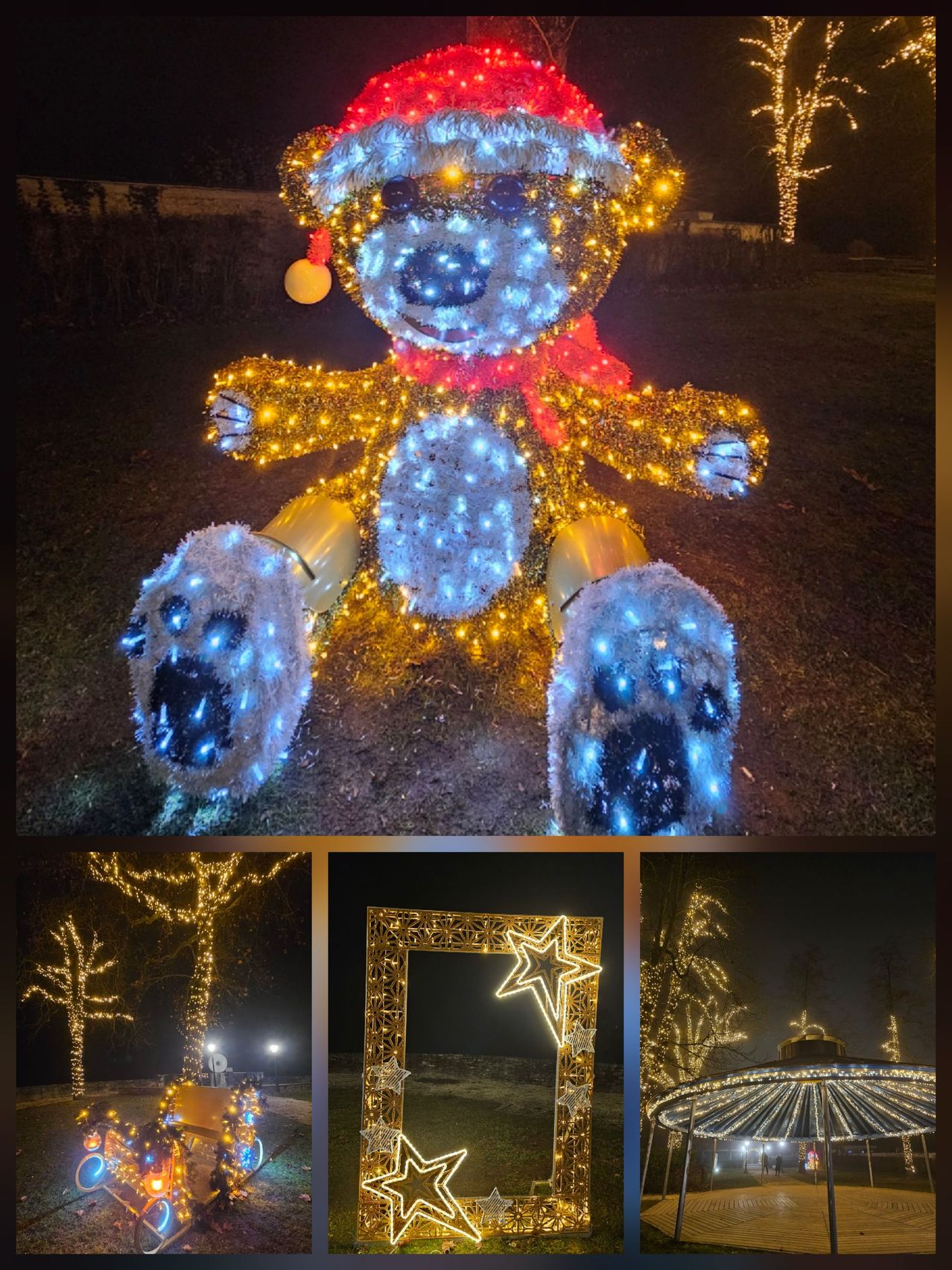 Ein großer beleuchteter Teddybär mit blauen Lichtern sitzt bei Nacht auf dem Rasen. Unten sind drei Bilder von beleuchteten Bäumen, einem Sternenrahmen und einem geschmückten Dach.