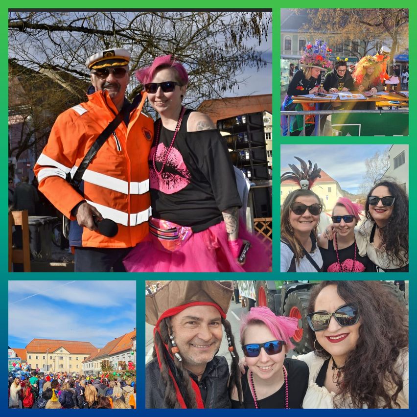 Eine Collage von Festivalbildern zeigt einen Mann in einer orangefarbenen Sicherheitsjacke, eine Frau mit rosa Haaren, eine Gruppe, die Papiere unterzeichnet, eine Frau mit einem Totenkopf-Kopfschmuck und eine Menschenmenge auf einem Festival.
