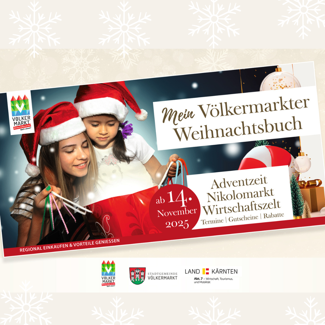 An advertisement for a Christmas market, featuring a mother and child in Santa hats, holding shopping bags. The text highlights an advent calendar, a Nikolaus market, and shopping deals. The date is November 14, 2025.