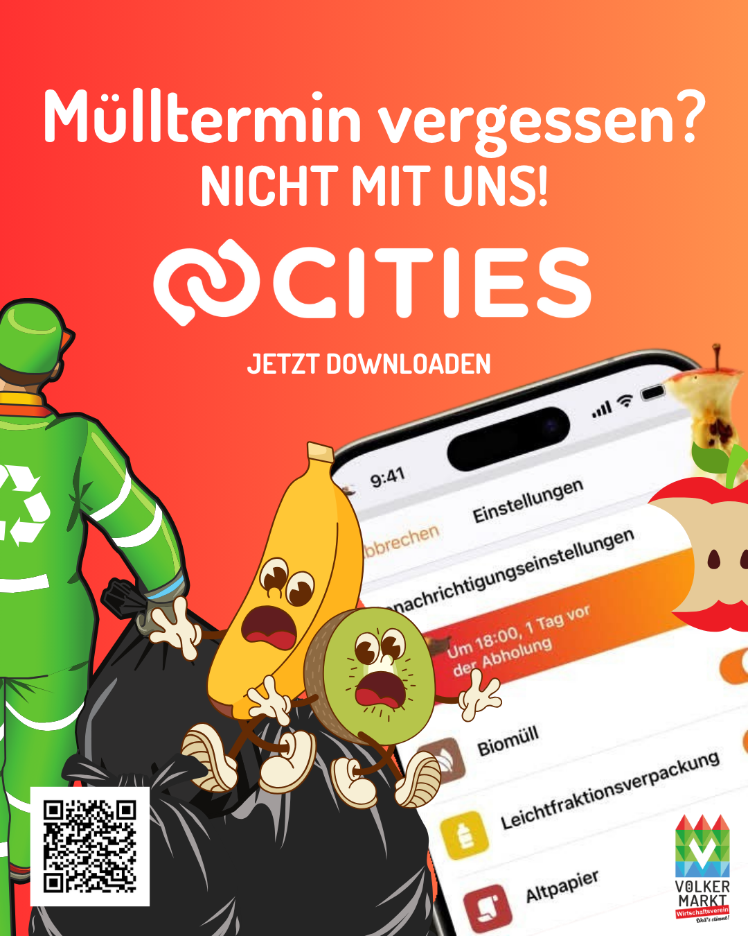 A poster with a red background promoting the Cities app. It features a QR code, a man in a green uniform, and two fruit characters. The text reads, 'Forget about the garbage collection? Not with us!' The poster also contains the phrase 'Download now'.