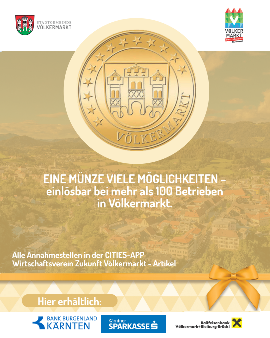 Goldmünze mit Stadtwappen, einlösbar bei über 100 Betrieben in Völkermarkt. Alle Annahmestellen in der Cities-App. Wirtschaftsverein Zukunft Völkermarkt - Artikel.