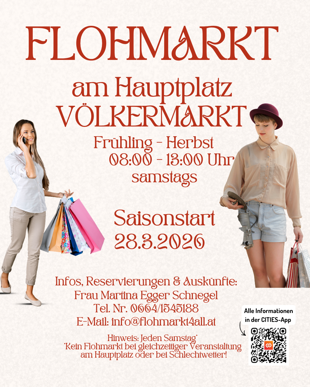 Advertisement for Flohmarkt am Hauptplatz Volkermarkt, open from Spring to Autumn, Saturdays 8:00-13:00, starting 28.3.2026. Contact Frau Martina Egger Schnegel for information and reservations. QR code for CITYS app.