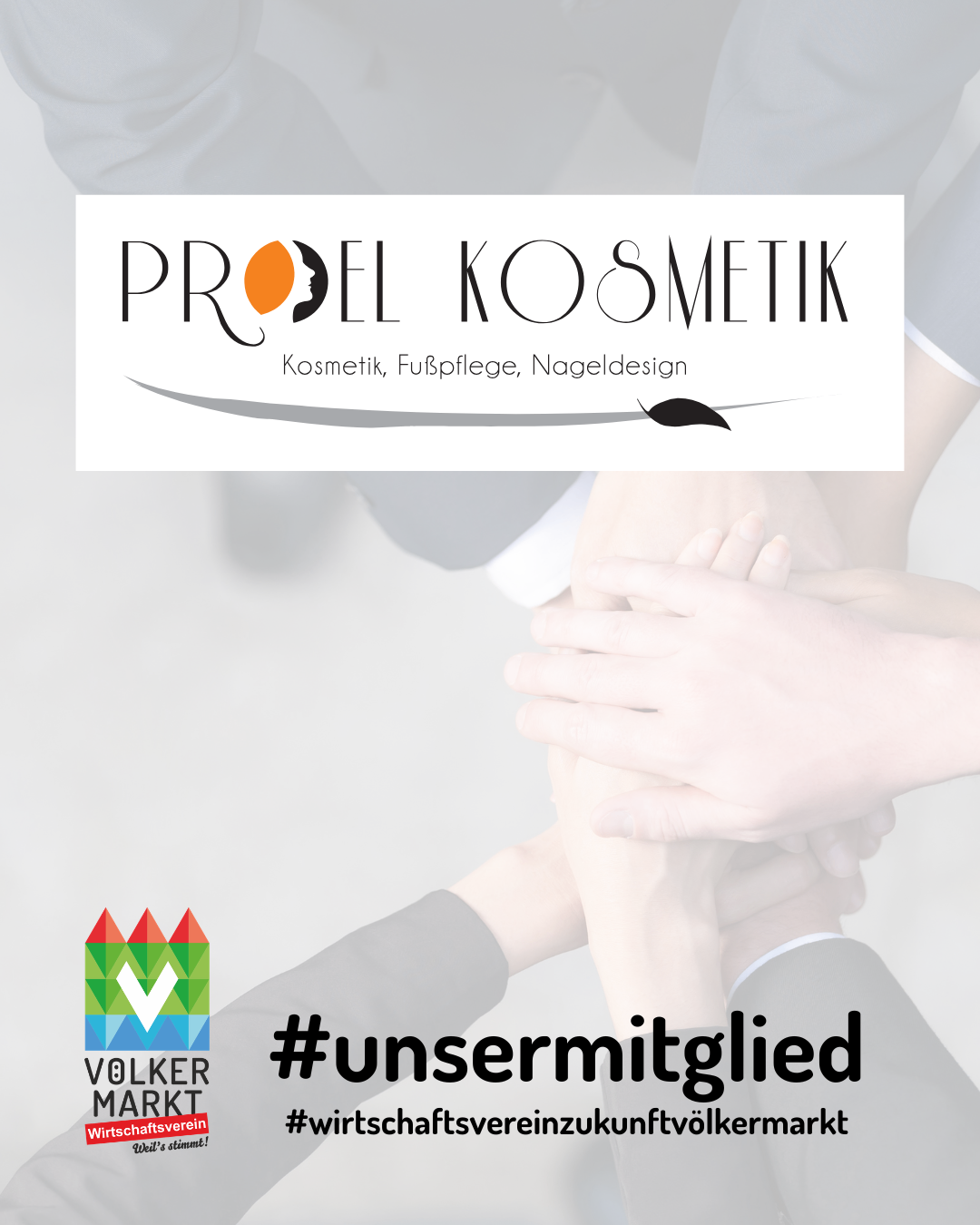 Eine Werbung für 'Proel Kosmetik' zeigt eine Handgeste mit mehreren Händen. Es bietet Dienstleistungen wie Kosmetik, Fußpflege und Nageldesign an. Darunter wird der Hashtag #unsermittelglied angezeigt.