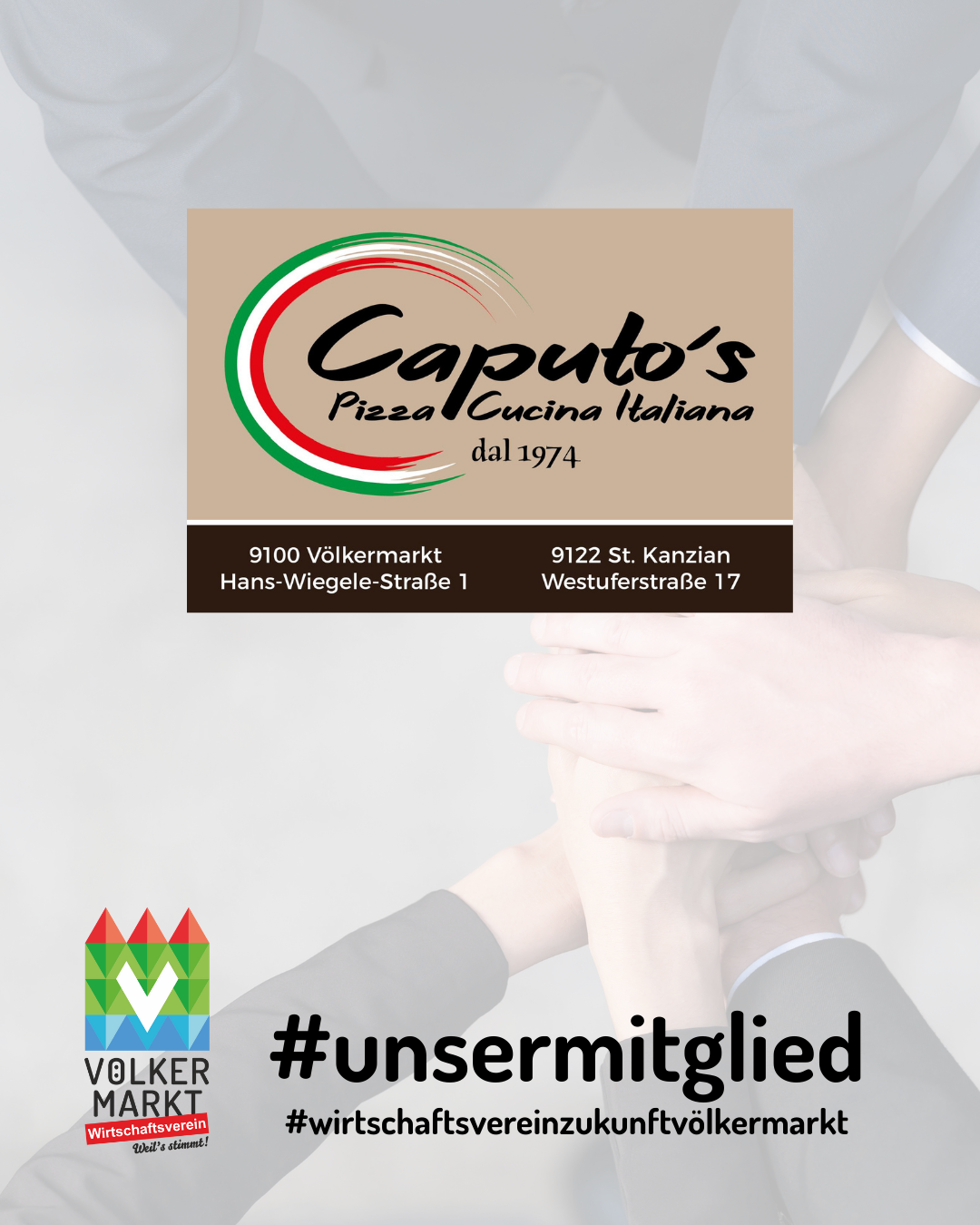 An advertisement for Caputo's Pizza Cucina Italiana, established in 1974, with two locations in Volkermarkt and St. Kanzian. The logo features a green, red, and white circle with the name Caputo's in bold black letters. Below the logo are the addresses and a hashtag #unsermitglied.