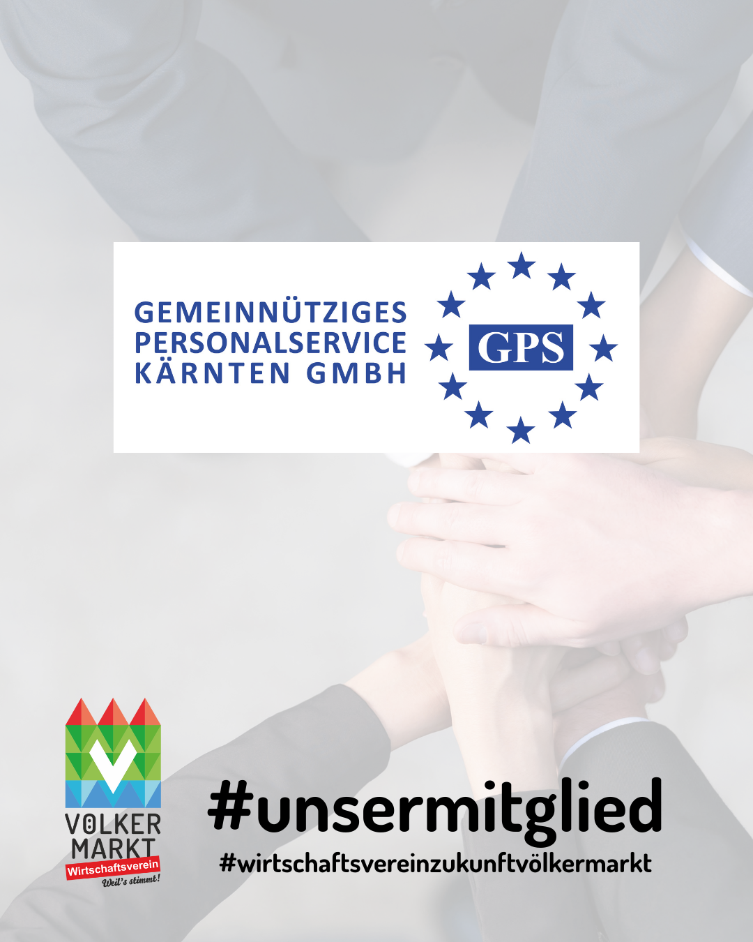 Ein Bild mit dem Logo von Gemeinnutziges Personalservice Karnten GmbH, mit Händen, die sich halten, und dem Hashtag #unsermittelglied.