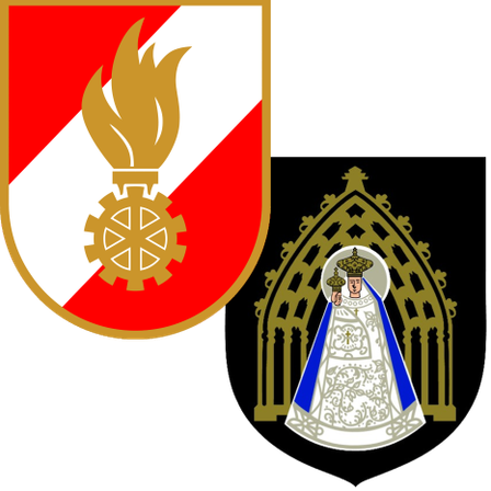 Ein heraldisches Bild mit einem Schild, der in zwei Bereiche unterteilt ist: links mit einer Flamme und einem Zahnrad, rechts mit einer gekrönten Figur in einer kirchenähnlichen Struktur.
