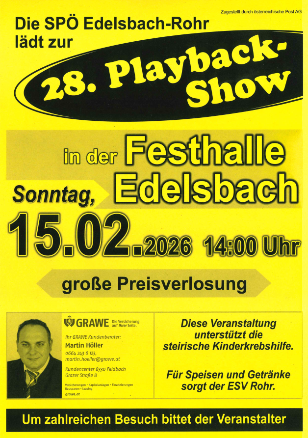 Poster for the 28th Playback Show at Festhalle Edelsbach on February 15, 2026 at 14:00. Hosted by Martin Hoeller. Features a large prize giveaway.