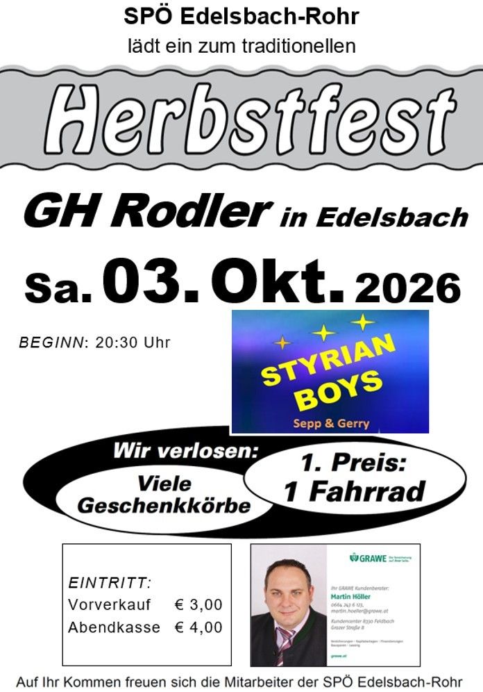 Ein Plakat für ein traditionelles Herbstfest in Edelsbach mit einer Verlosung, bei der ein Fahrrad der erste Preis ist.