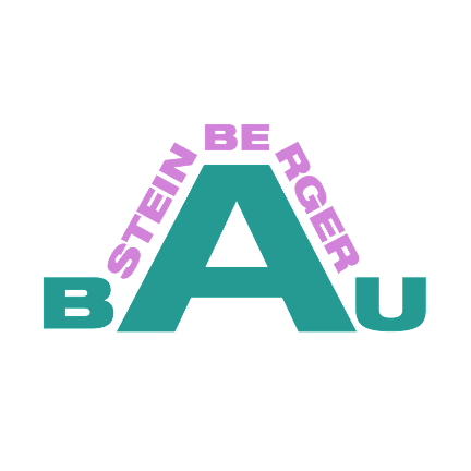 Das Logo einer Firma namens Stein Be. Die Buchstaben A und U bilden den Hauptteil des Logos, wobei BE in Lila oben und Stein in Rosa unten steht.