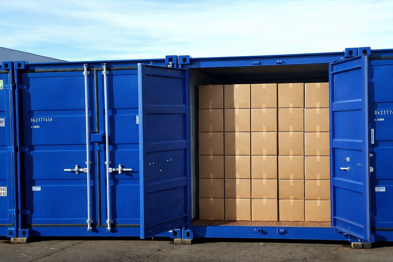Ein blauer Versandcontainer mit offenem Tür steht und zeigt mehrere gestapelte braune Kisten im Inneren.